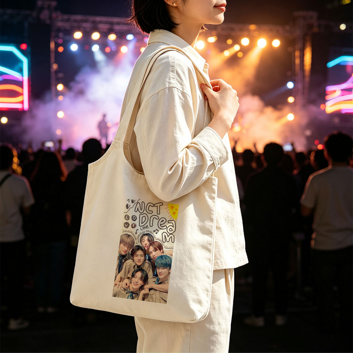 NCT Dream Group Photo with Handwritten Notes and Heart Drawings on Lined Paper Background - Canvas shoulder bags/