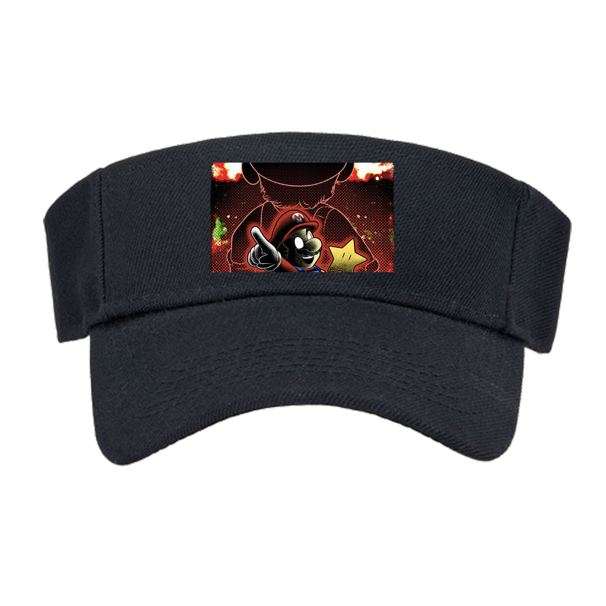 Mario Holds Star Against Shadowy Figure in Fiery Sky -  Visor cap