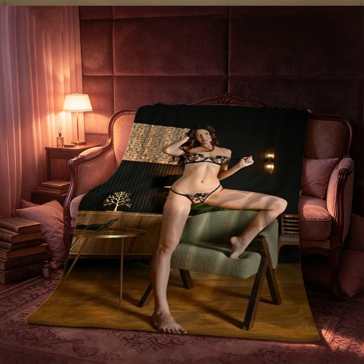 Maid in Shiny Black Latex Squatting with Jawbone Prop - Blanket