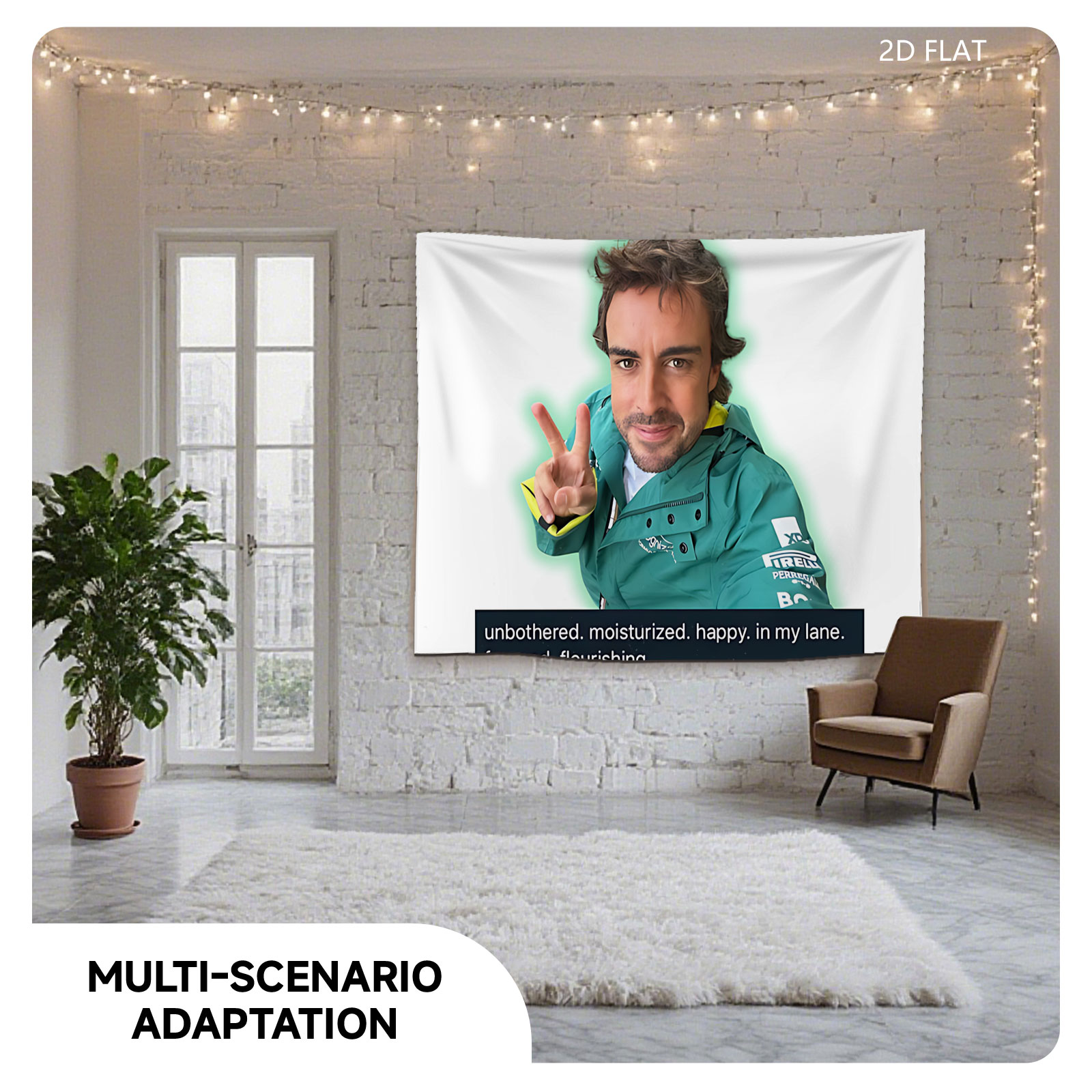 Fernando Alonso in Green Jacket Making Peace Sign with Text Overlay - Tapestry