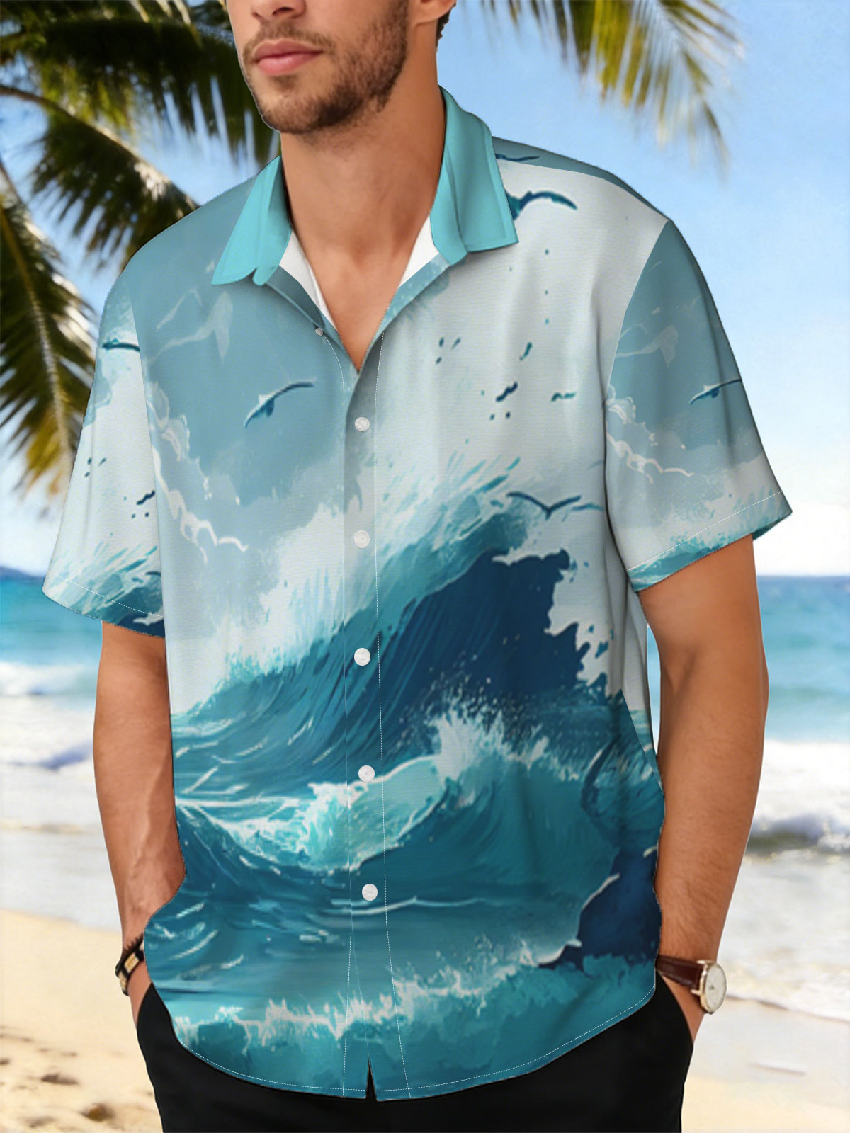 Mighty waves crash against rocks as seagulls soar above the stormy sea. -  Shirt