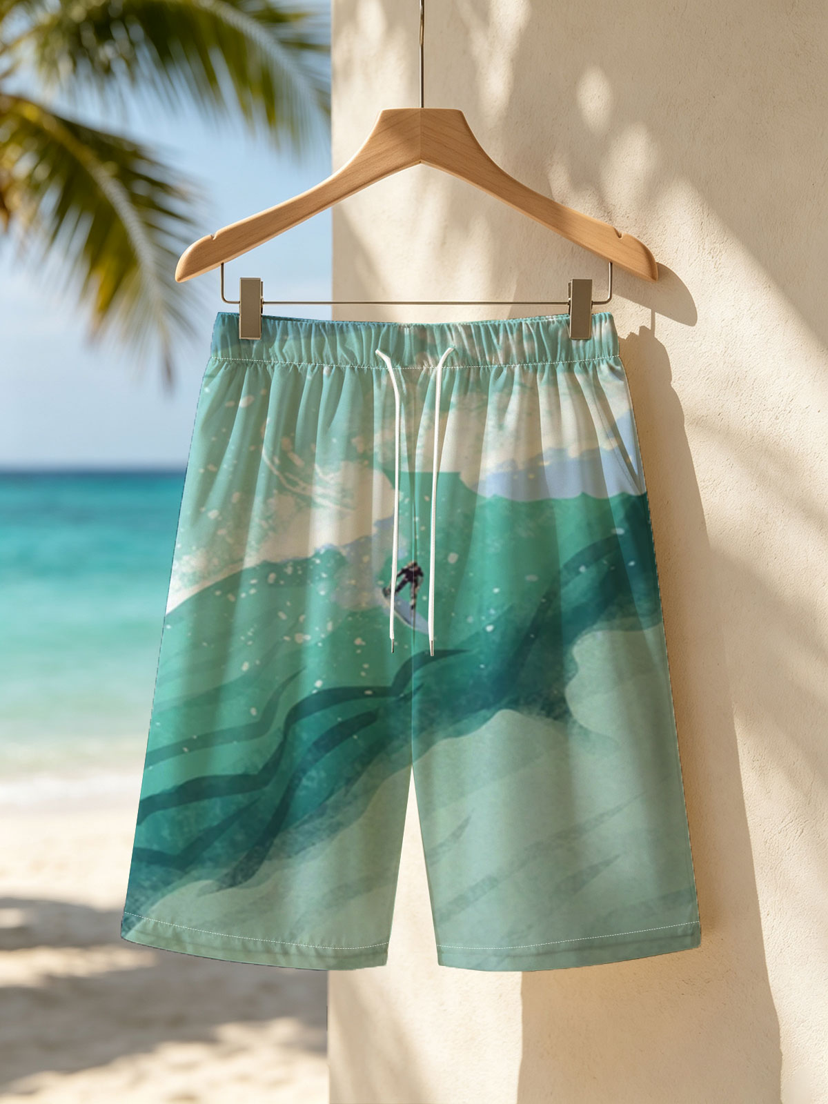 Surfer riding a massive wave in vibrant ocean waters -  Beach shorts