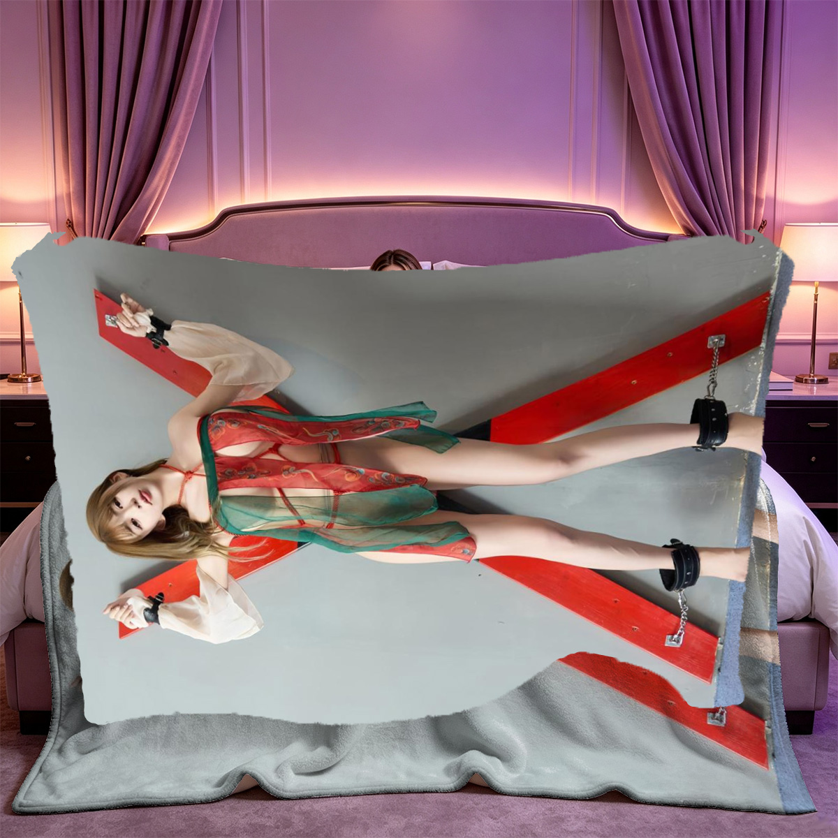 Naked woman with long hair posing on bed in hotel room - Blanket