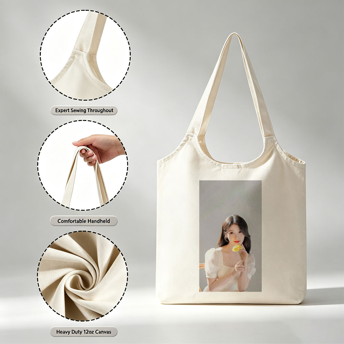 IU Holding a Yellow Rose in a Soft White Dress - Canvas shoulder bags/