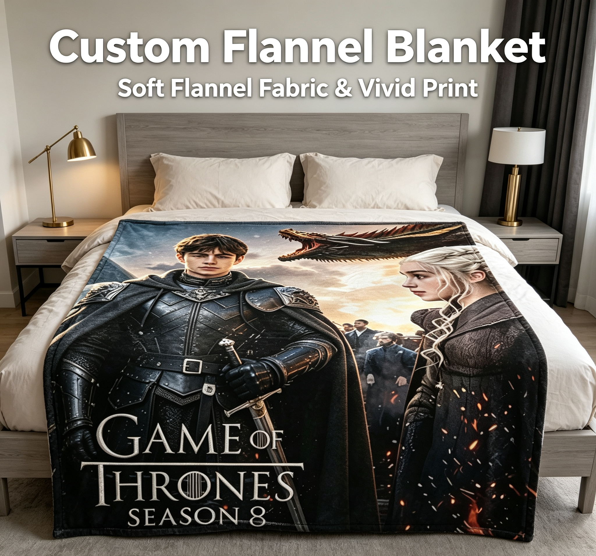 Custom Face Blanket Game of Thrones Season 8 Flannel Blanket for Couch, Bed, or Travel – Perfect Gift or Giveaway for Fans