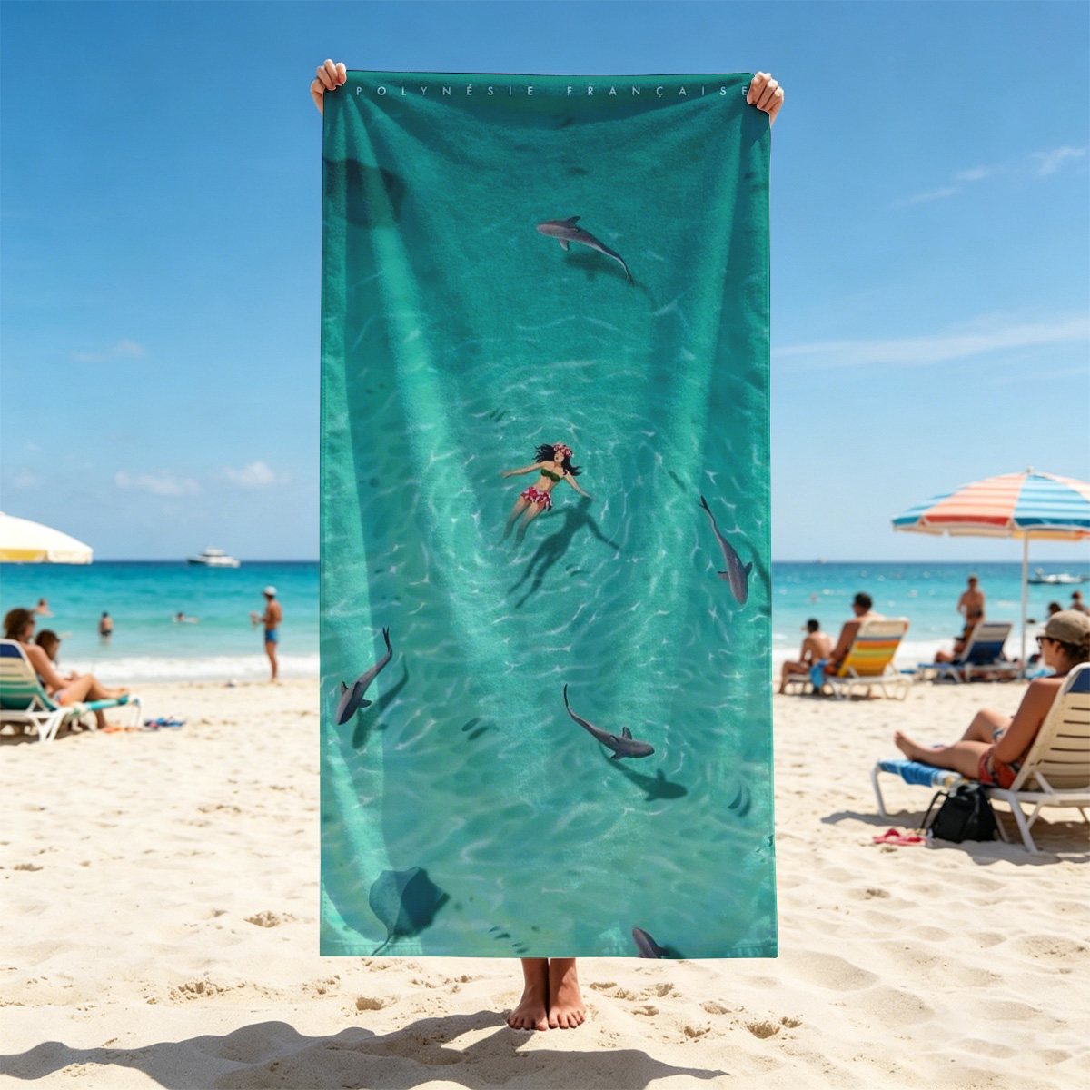 Woman swimming with sharks in clear turquoise water - Beach towels