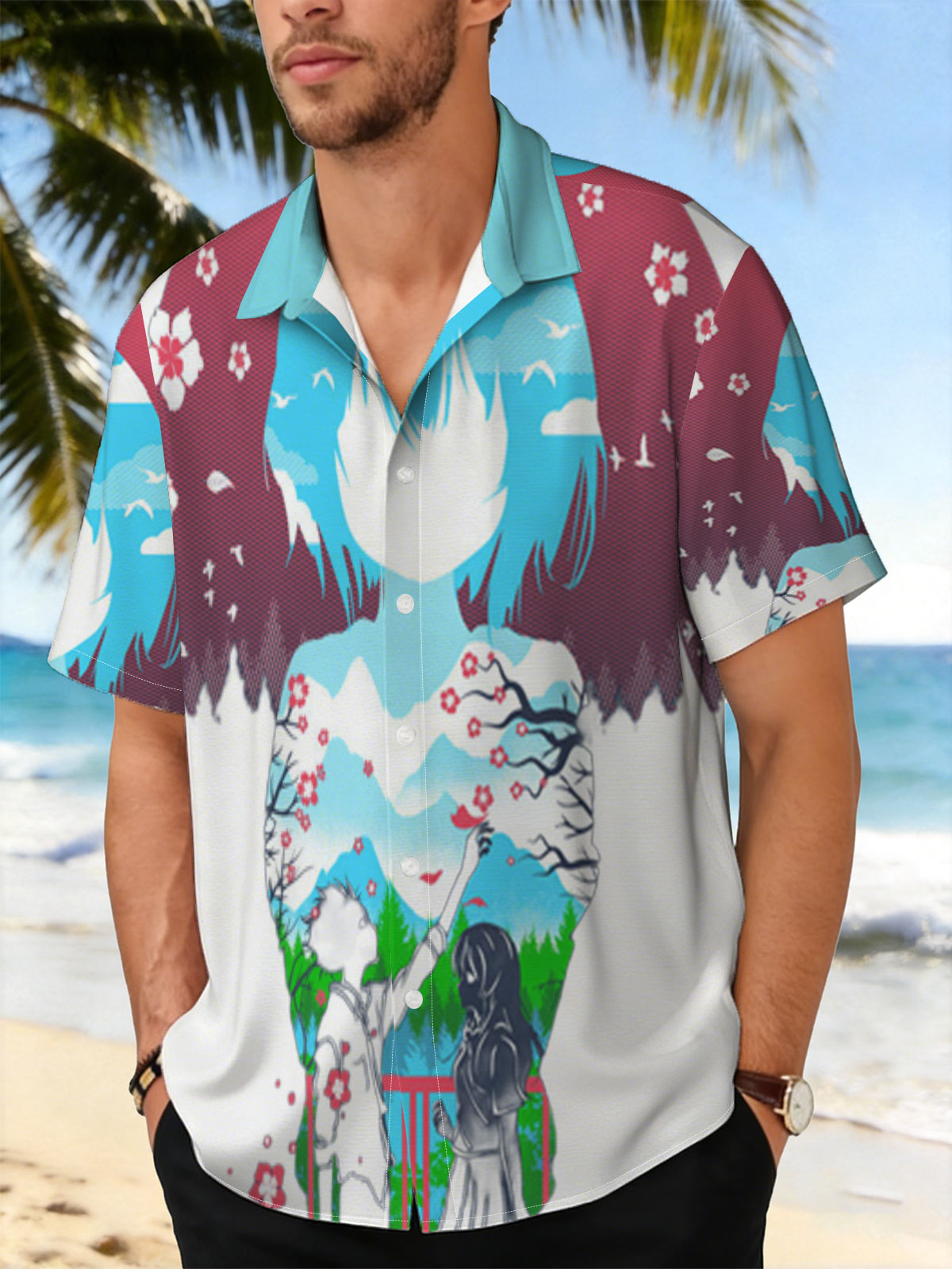 Two Figures Under Cherry Blossoms with Mountain Landscape and Sky Background -  Shirt