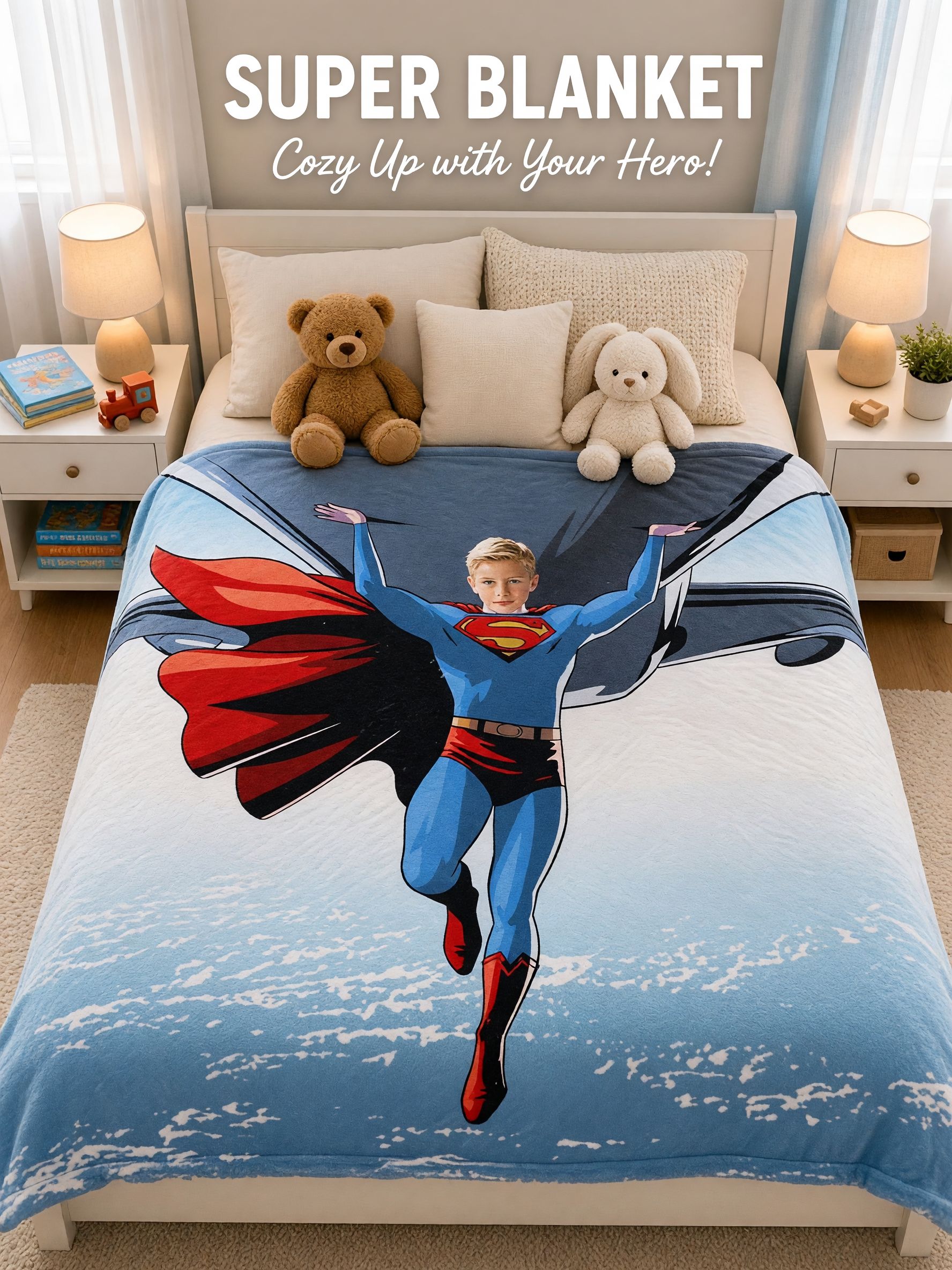 Custom Superhero Photo Blanket Personalized Face Flannel Fleece Throw Soft Warm Bed Couch Keepsake Gift for Kids