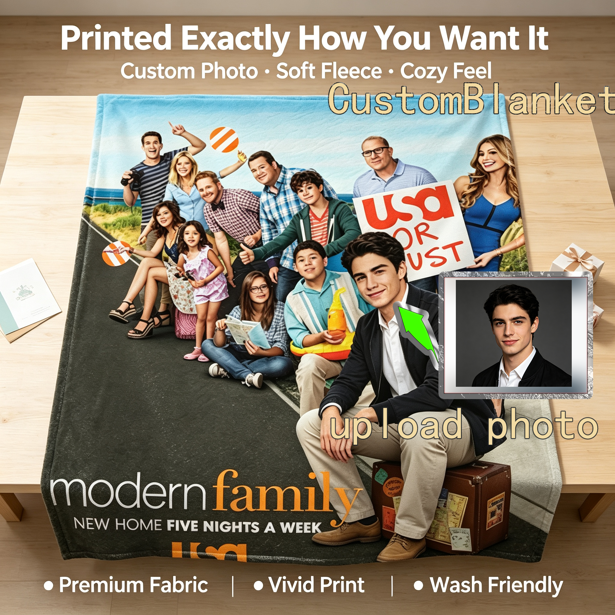Custom Face Blanket Modern Family Flannel Blanket for Cozy Nights at Home – Perfect Gift or Giveaway for Fans of the USA Network Show