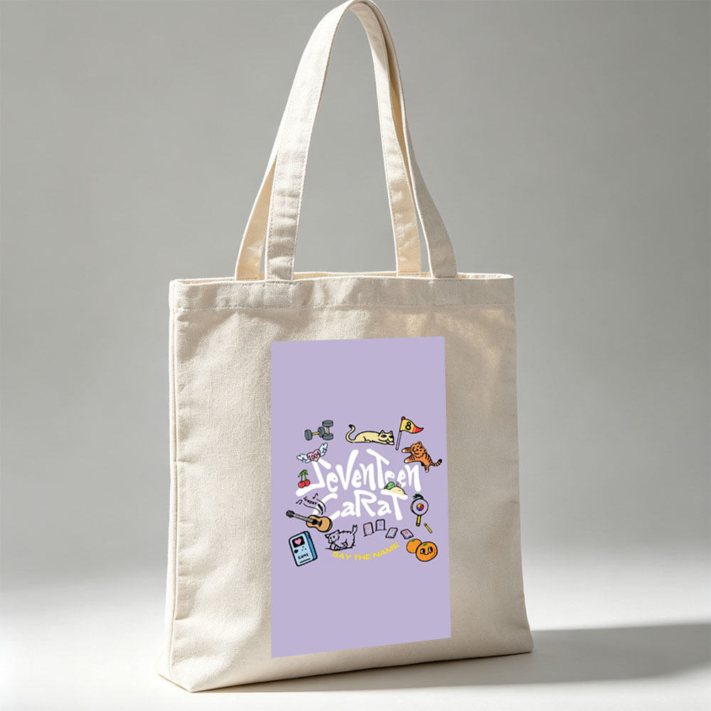 Seventeen Carat Say The Name Album Art Featuring Cats, Guitar, and Cute Icons - Canvas tote bags