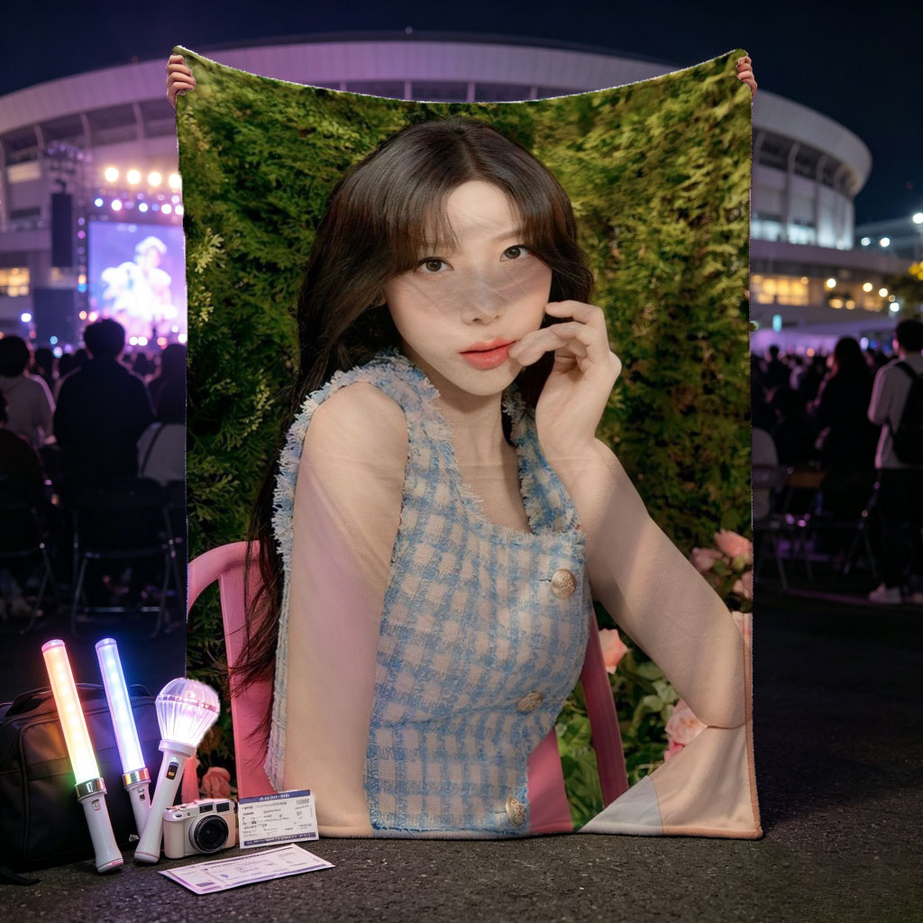 Tzuyu in a Garden Scene Wearing a Blue Checkered Top and Light Blue Skirt, Sitting on a Pink Chair Amidst Greenery and Flowers - Blankets