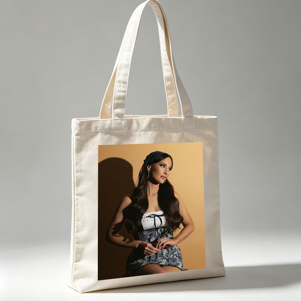 Lana Del Rey in a Stylish Blue and White Dress with Lace-Up Detail on a Warm Background - Canvas tote bags