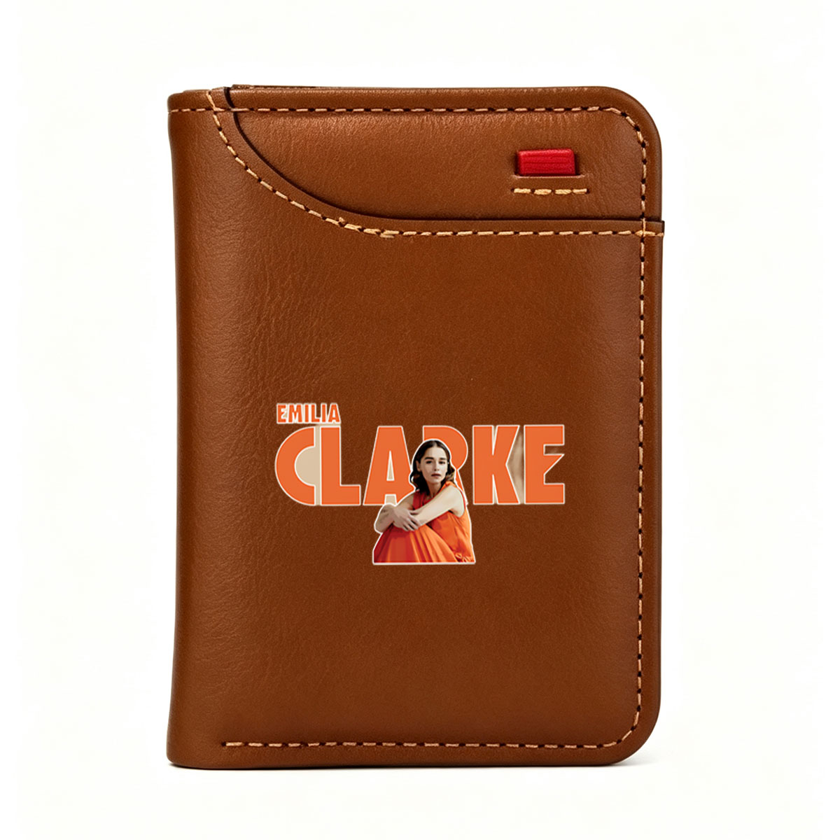 Emilia Clarke in a Vibrant Orange Dress Pose - Vertical Style Wallet