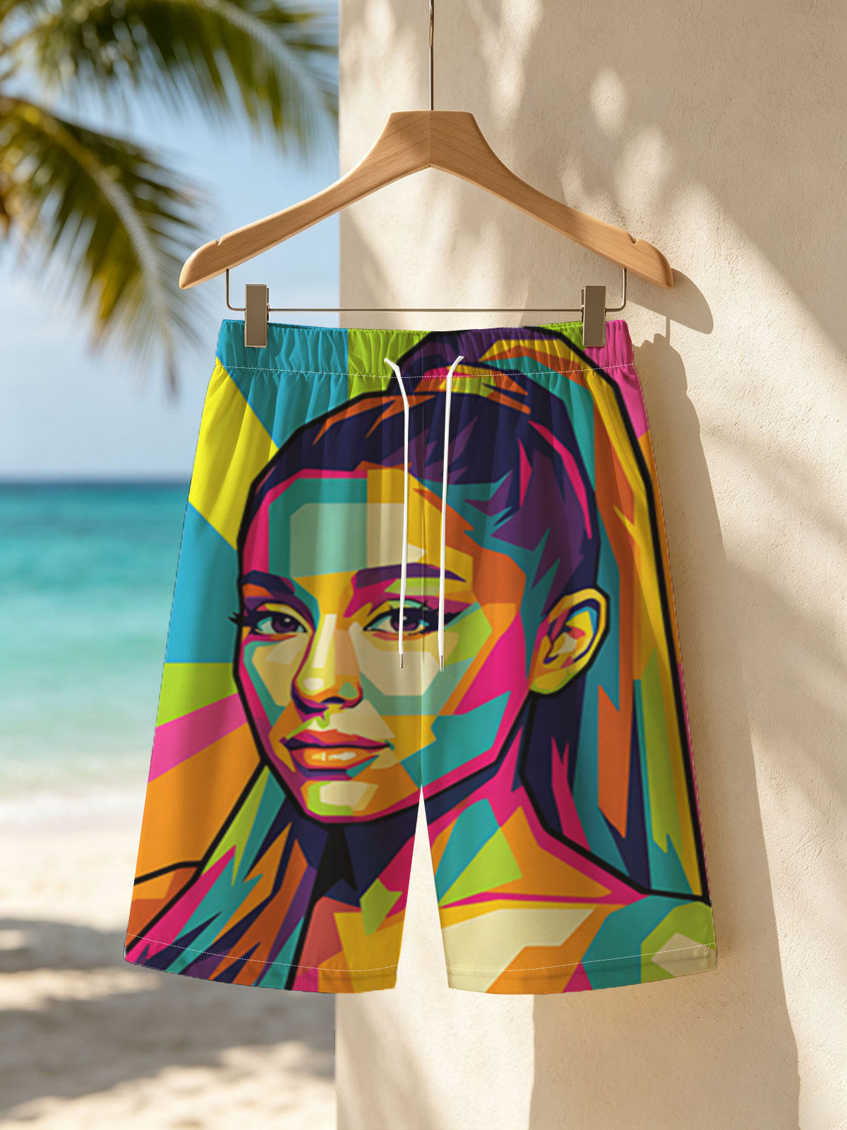 Colorful Pop Art Portrait of a Woman with Vibrant Geometric Patterns -  Beach shorts