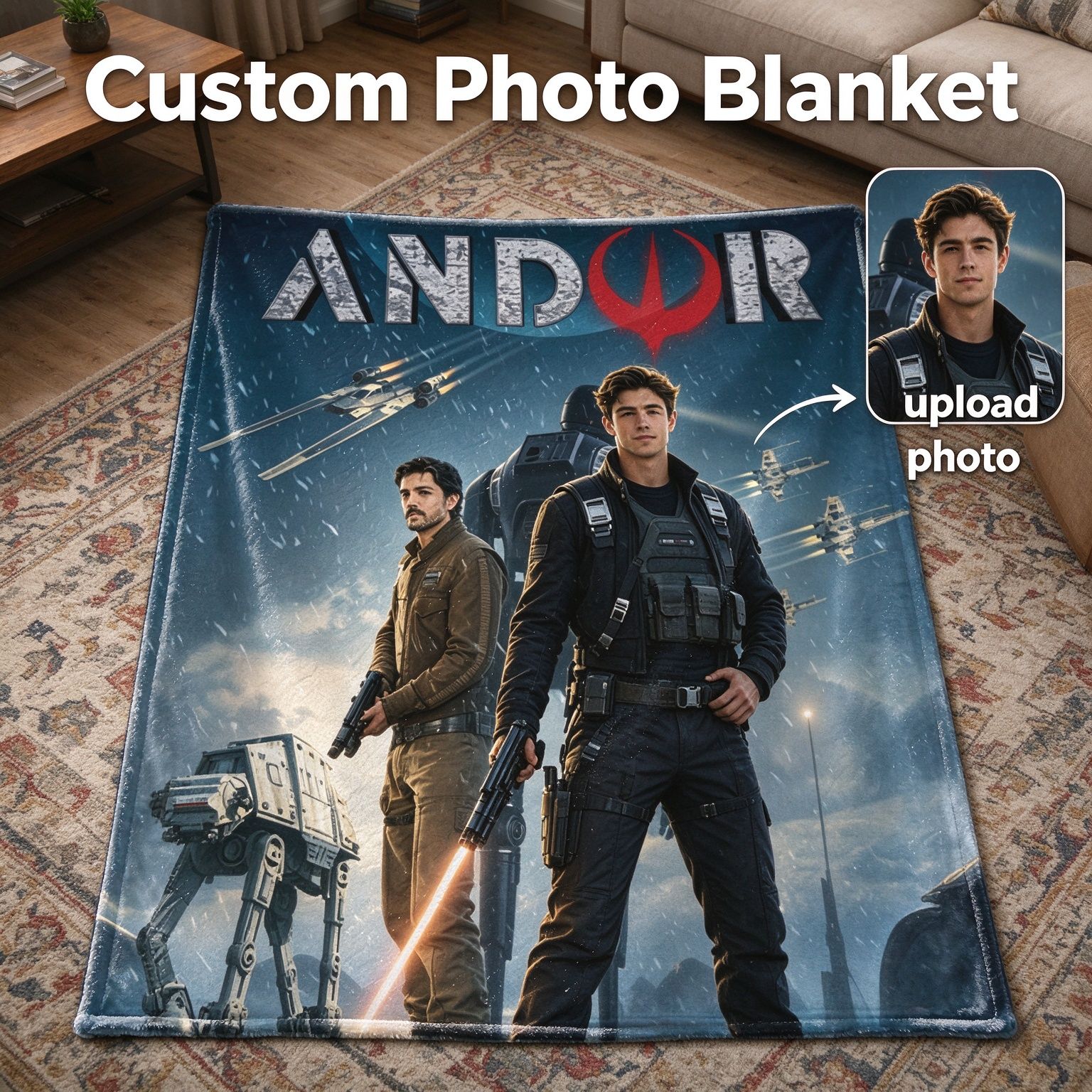 Custom Photo Face Flannel Fleece Throw Blanket Personalized Sci-Fi Rebel Hero Movie Poster Print Anti-Pilling Warm