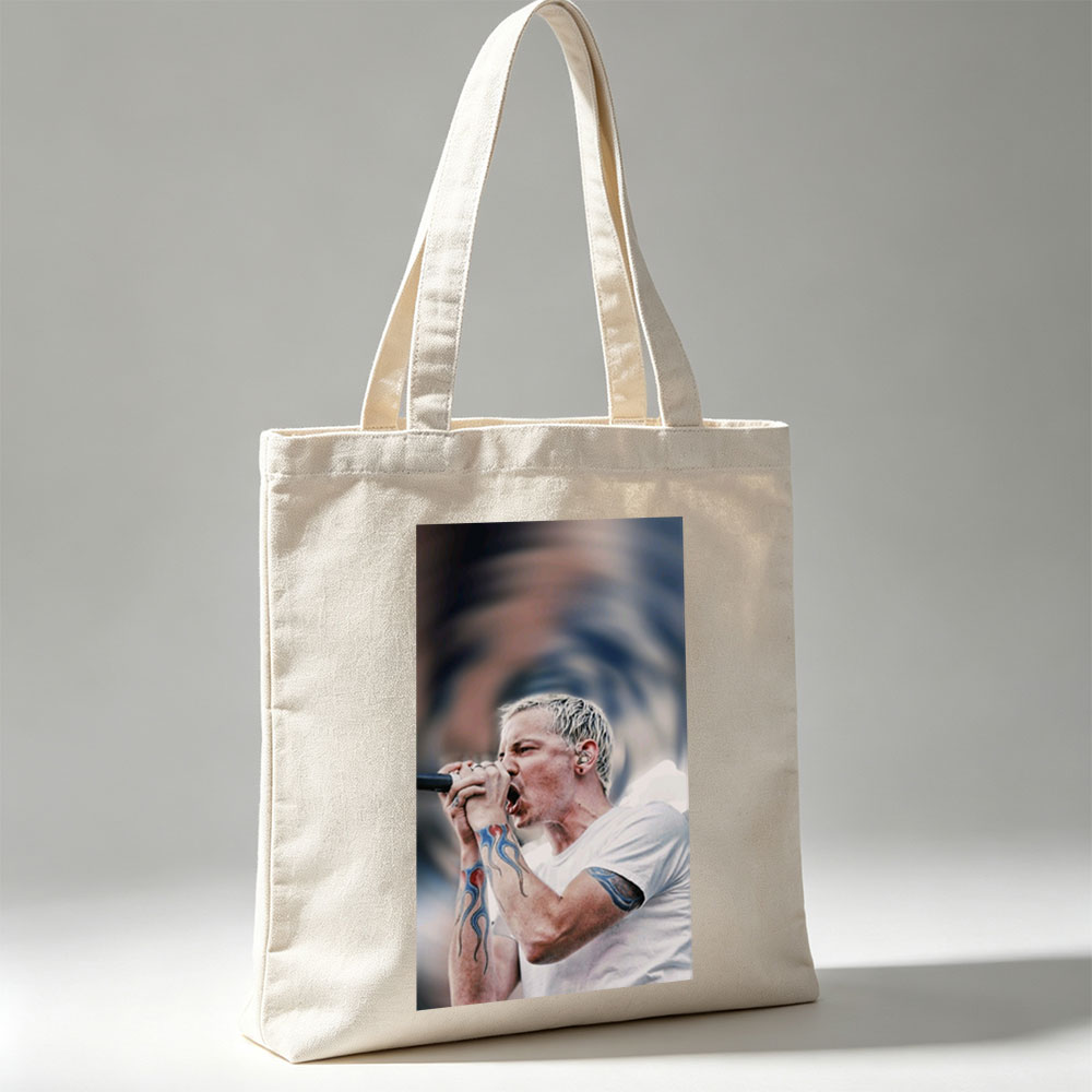 Blink-182 Lead Singer Performing with Microphone and Tattooed Arms - Canvas tote bags