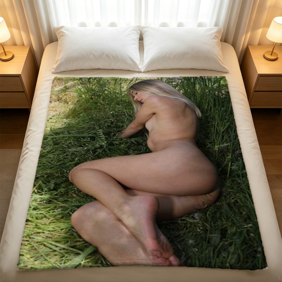Blonde in pink lingerie sitting on vintage table. - Blanket