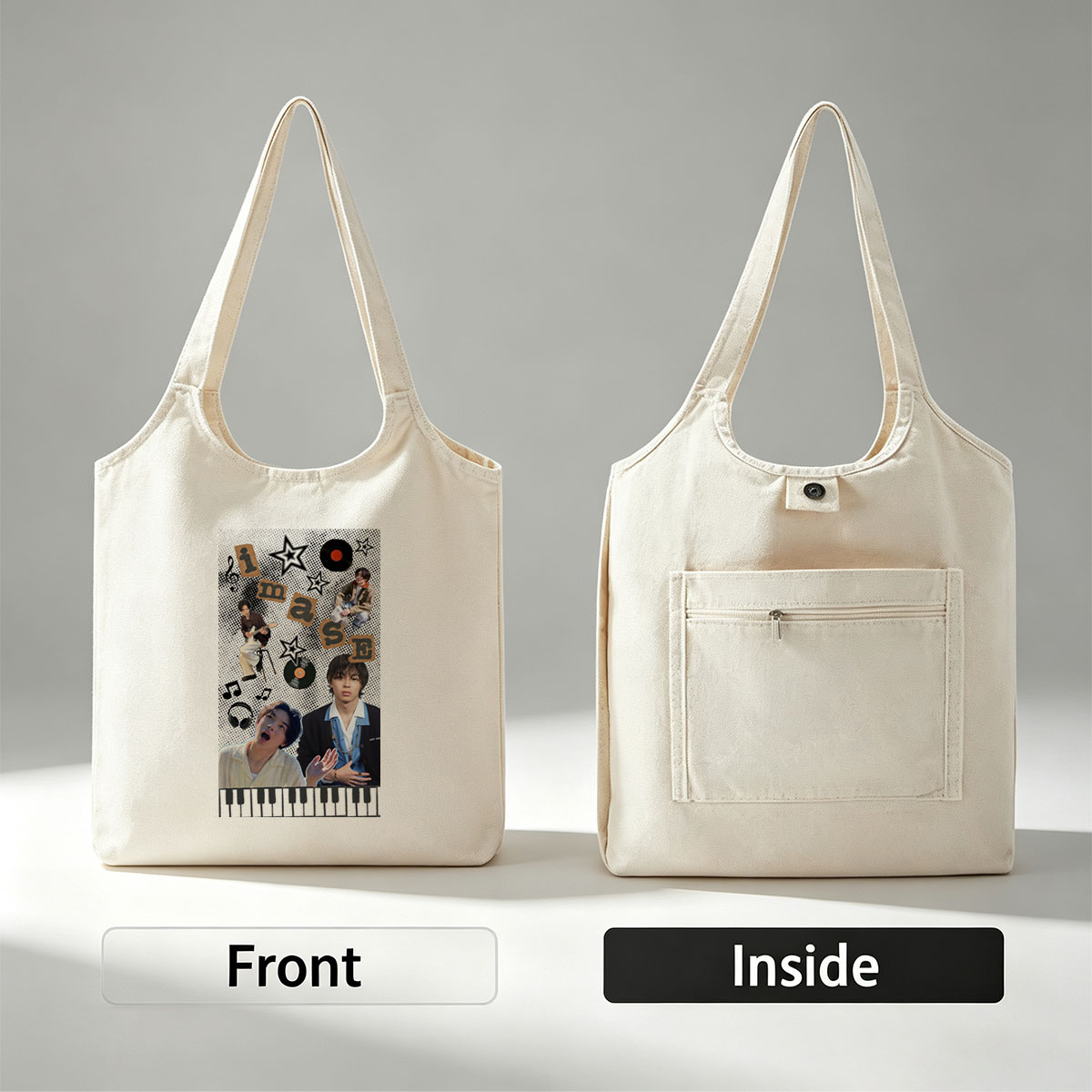 Imase Band Members in Music-Themed Collage with Guitar, Piano Keys, and Vinyl Records - Canvas shoulder bags/