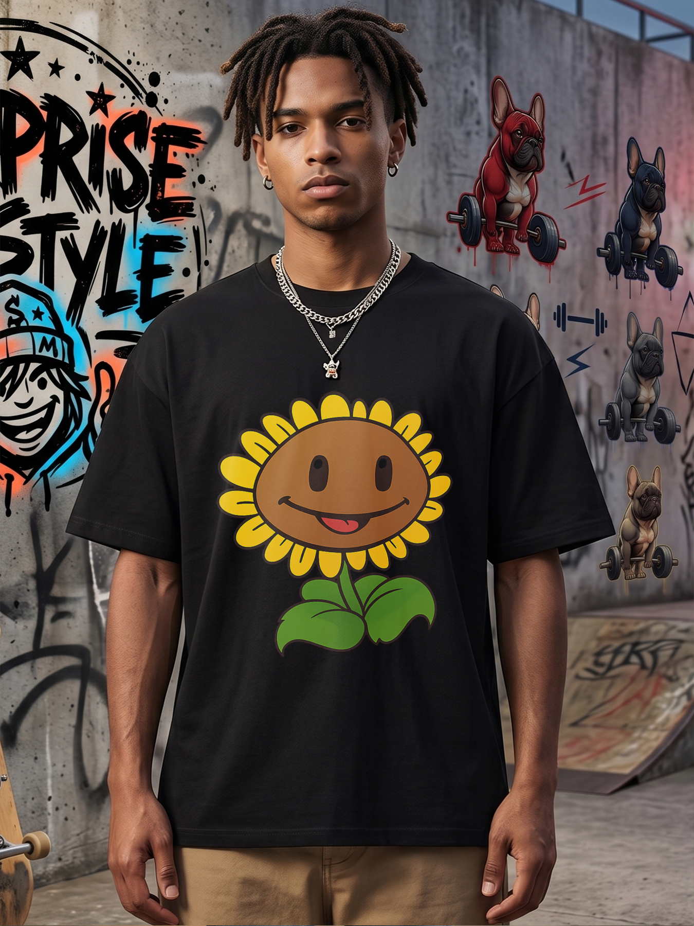 Men's Printed T-Shirt Sunflower Face Design Happy Smile Graphic Casual Round Neck Summer Lightweight Breathable Short Sleeve Tee for Outdoor Activities and Daily Wear Adults