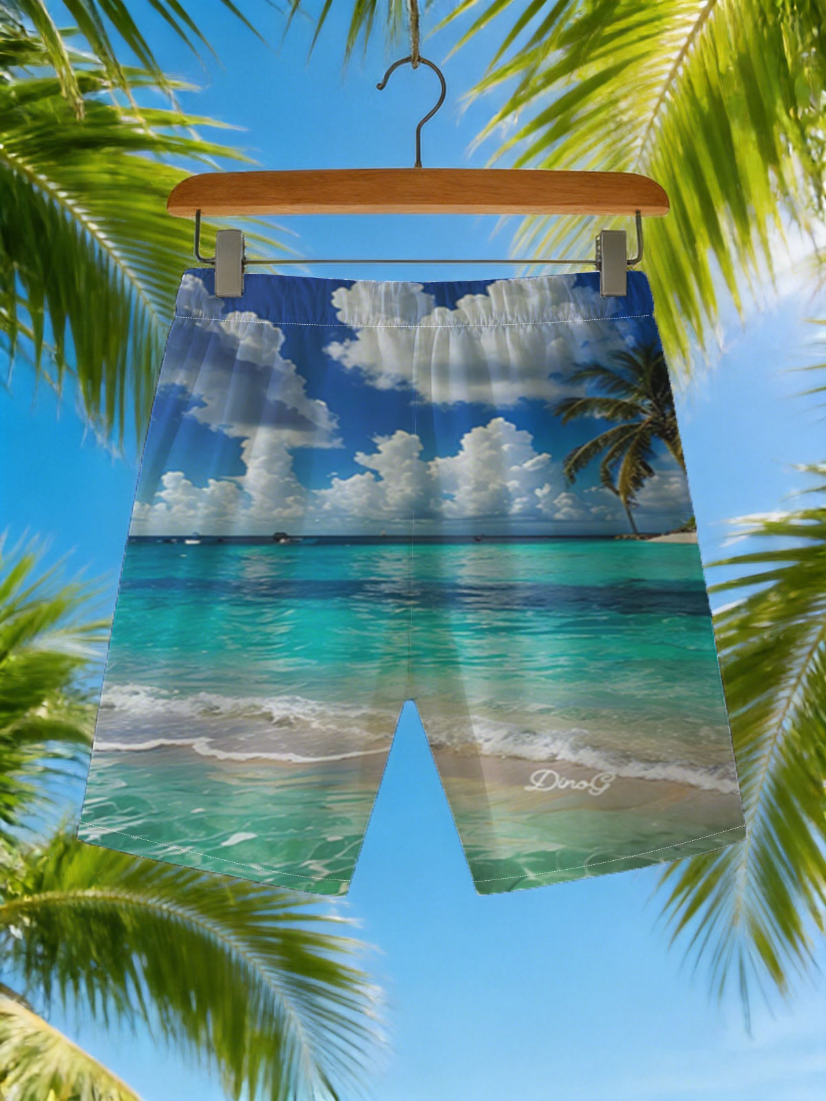 Crystal Clear Waters and Palm Trees Under a Blue Sky -  Beach shorts