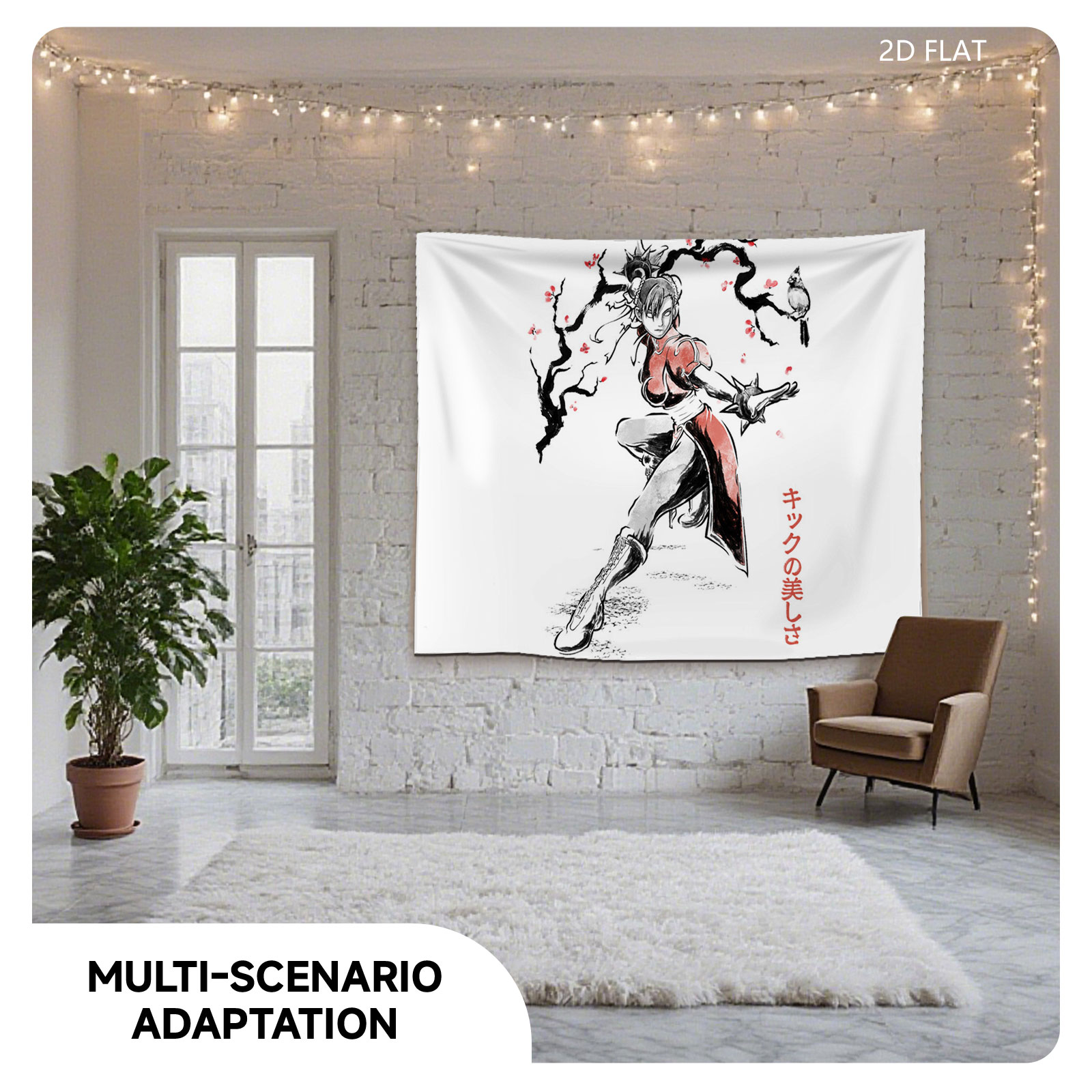 Chun-Li from Street Fighter in a dynamic kick pose with cherry blossoms and a bird, showcasing martial arts elegance - Tapestry