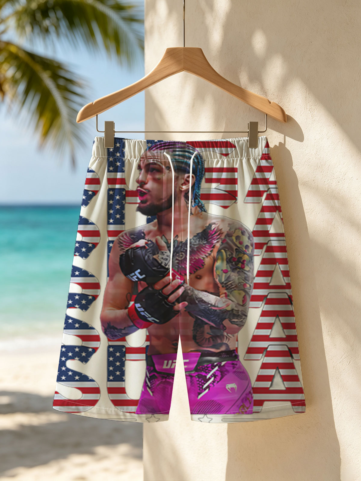 Sean O'Malley in UFC Gear with American Flag Design Background -  Beach shorts