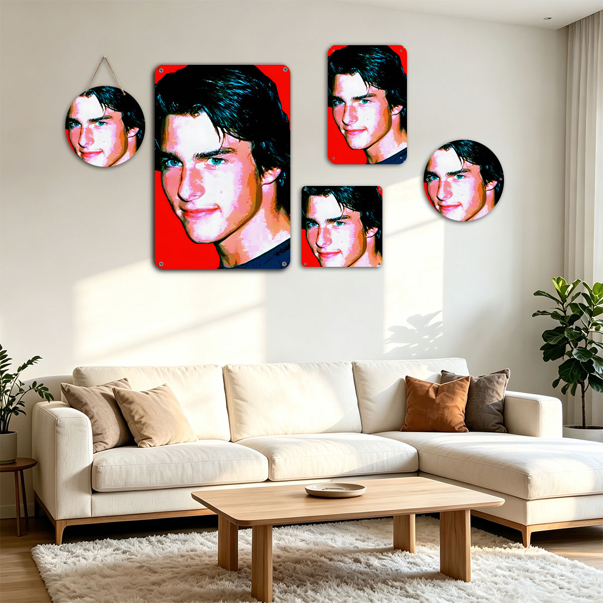 Tom Cruise in a stylized portrait with vibrant red background - painting