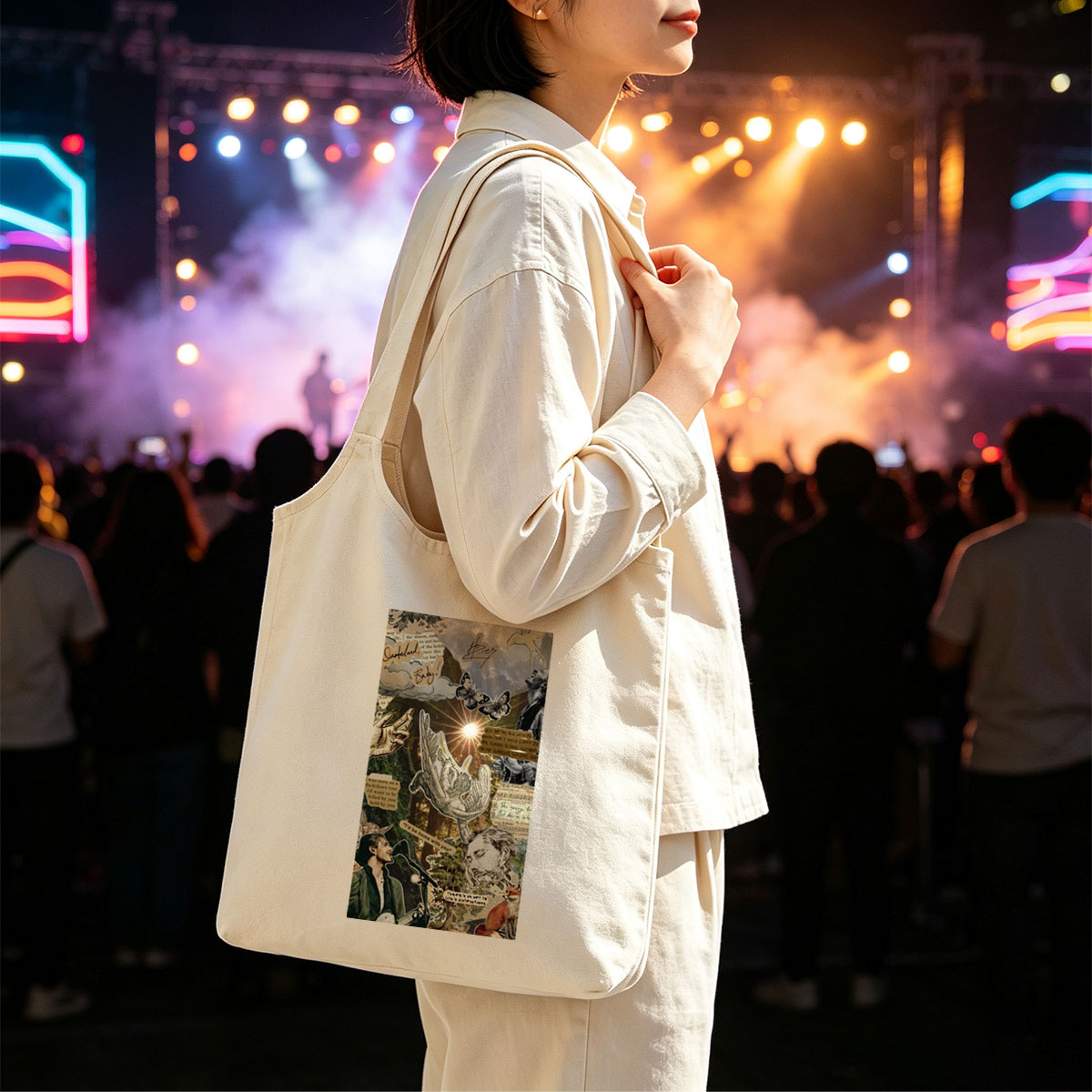 Ed Sheeran Concert Scene with Nature and Lyrics Collage Art - Canvas shoulder bags/
