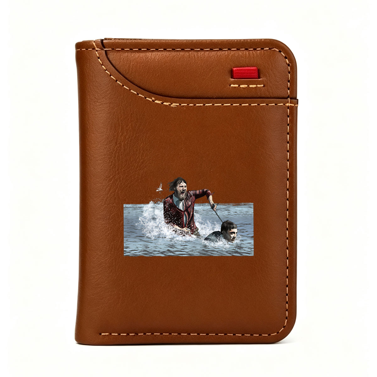 Man in Red Coat Pulls Drowning Man from Water with Stick - Vertical Style Wallet