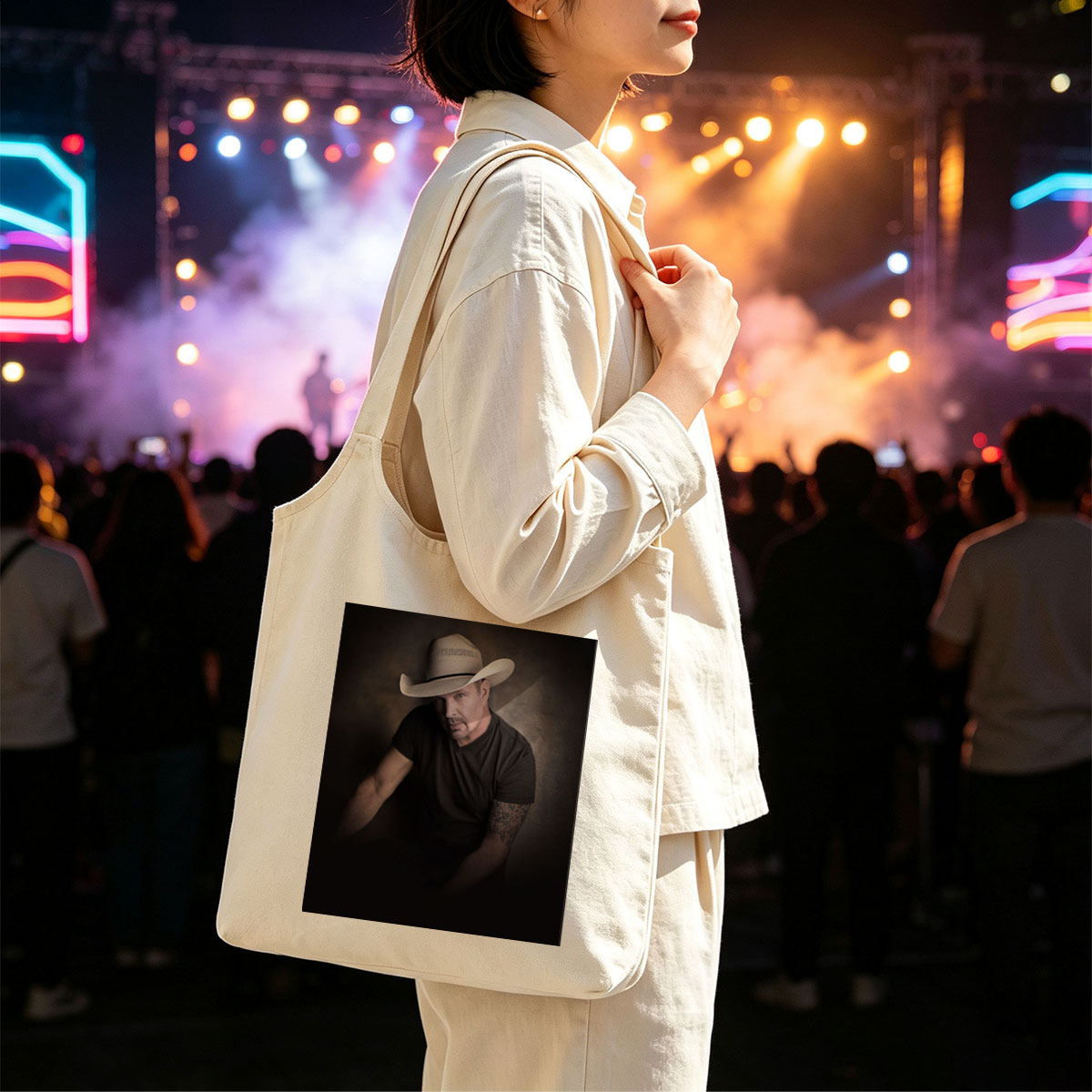 Tim McGraw in a Cowboy Hat - Intense Portrait with Tattooed Arm and Dark Background - Canvas shoulder bags/