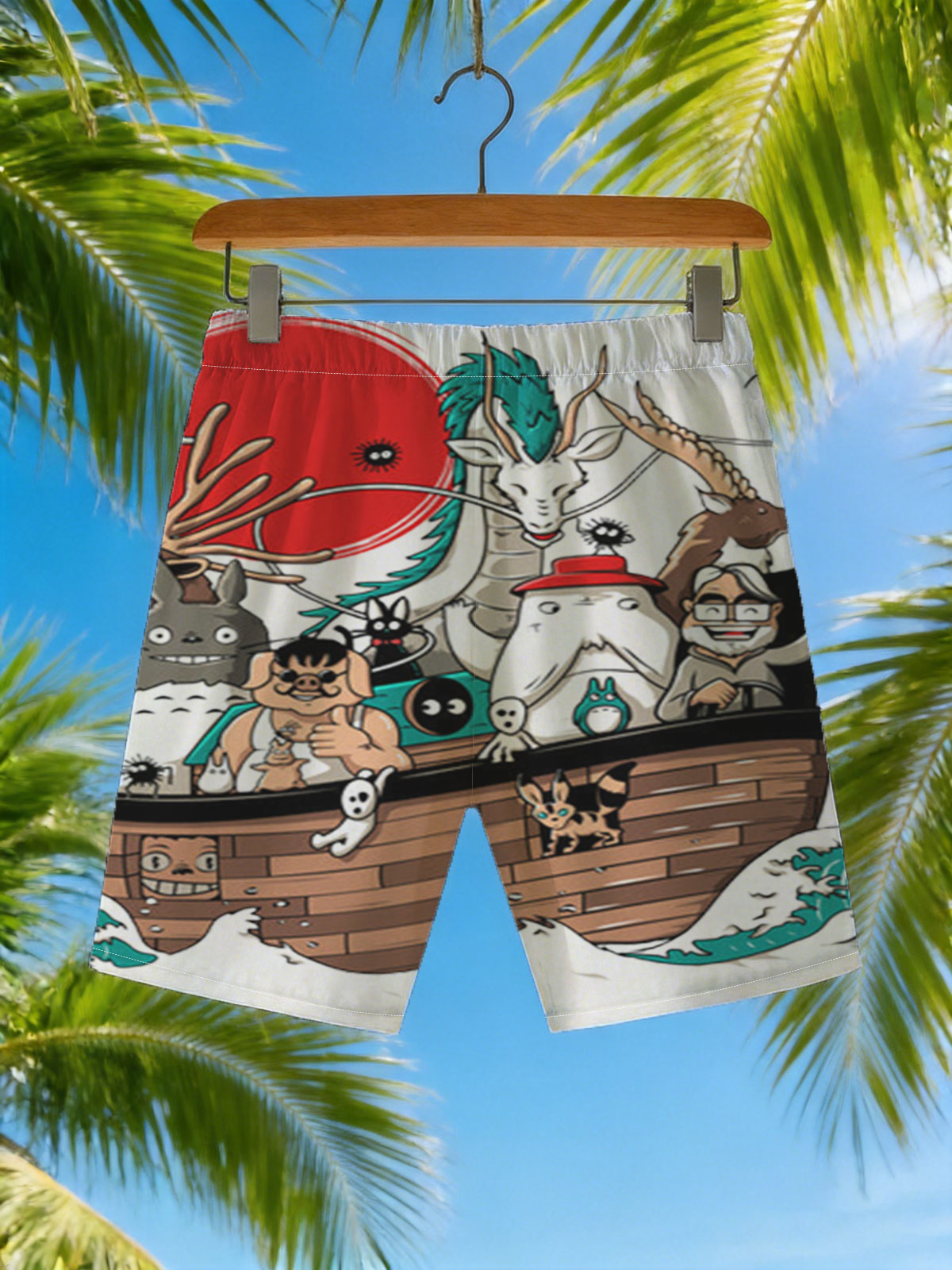 Studio Ghibli Characters Sail in a Wooden Boat with Mythical Creatures and Icons -  Beach shorts