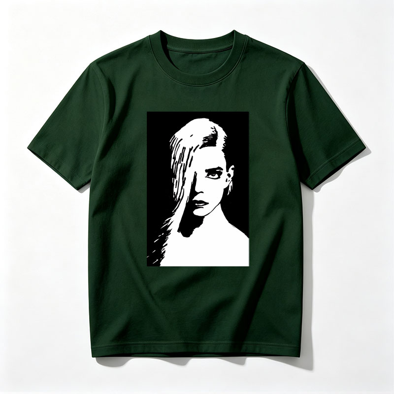 Stylized Black and White Portrait of a Woman with Long Hair - Tee