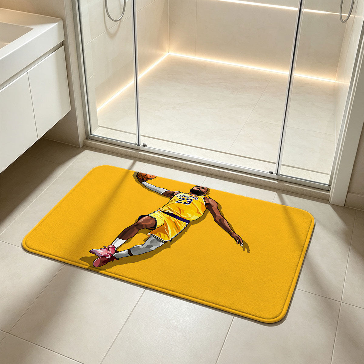 LeBron James in Lakers Jersey, Number 23, Mid-Air Basketball Action - Flannel floor mat