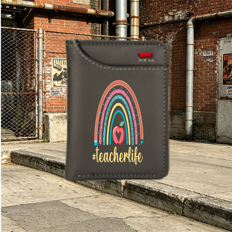 Unisex Vertical Wallet with Rainbow Apple Print and #teacherlife Text – Perfect for Teachers, Educators, and School Staff – Ideal Gift for Teacher Appreciation or Daily Use