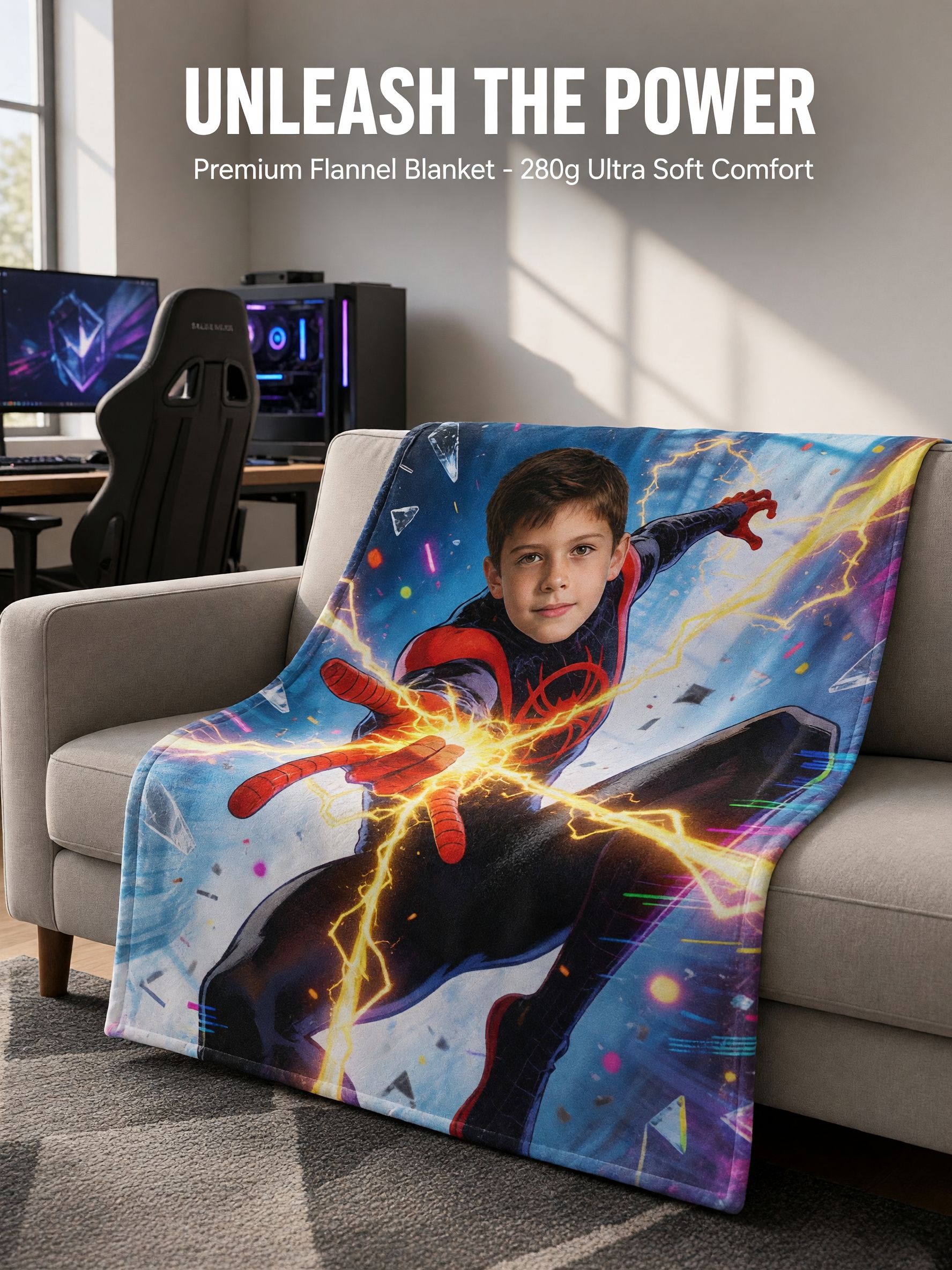 Custom Superhero Face Blanket Soft Flannel Fleece Throw for Kids, Ideal Personalized Photo Gift for Sofa and Bedroom