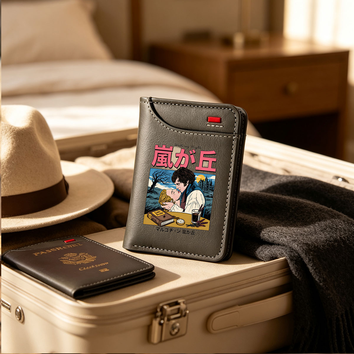 Wuthering Heights: Heathcliff and Catherine in Romantic Embrace, Emily Bront? Novel, Gothic Castle Background, Vintage Book and Watch on Table - Vertical Style Wallet