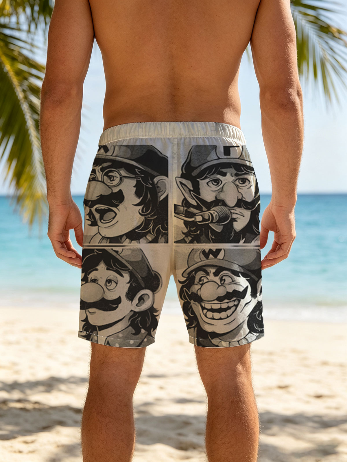Mario, Luigi, Wario, and Waluigi in a comic-style black-and-white panel featuring expressive faces and microphones. -  Beach shorts