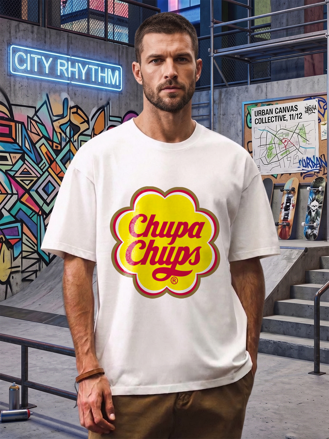 Men's Chupa Chups Logo Print T-Shirt Casual Round Neck Summer Lightweight Breathable Short Sleeve Tee for Daily Wear and Outdoor Activities Adults