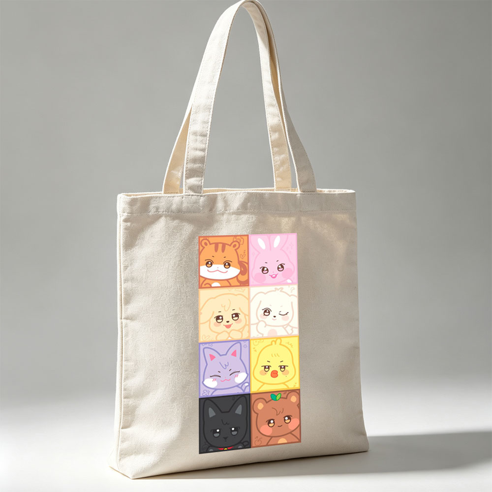 Cute Animal Characters Grid Featuring Kawaii Cartoon Animals in Colorful Squares - Canvas tote bags