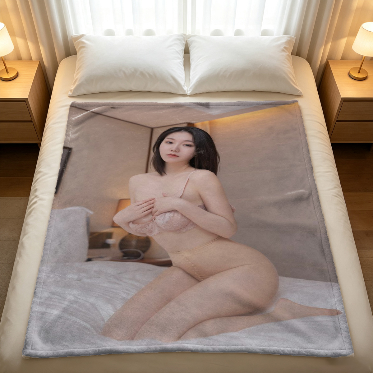 A young Asian woman in white lace lingerie and fishnet stockings lies seductively on a bed. - Blanket