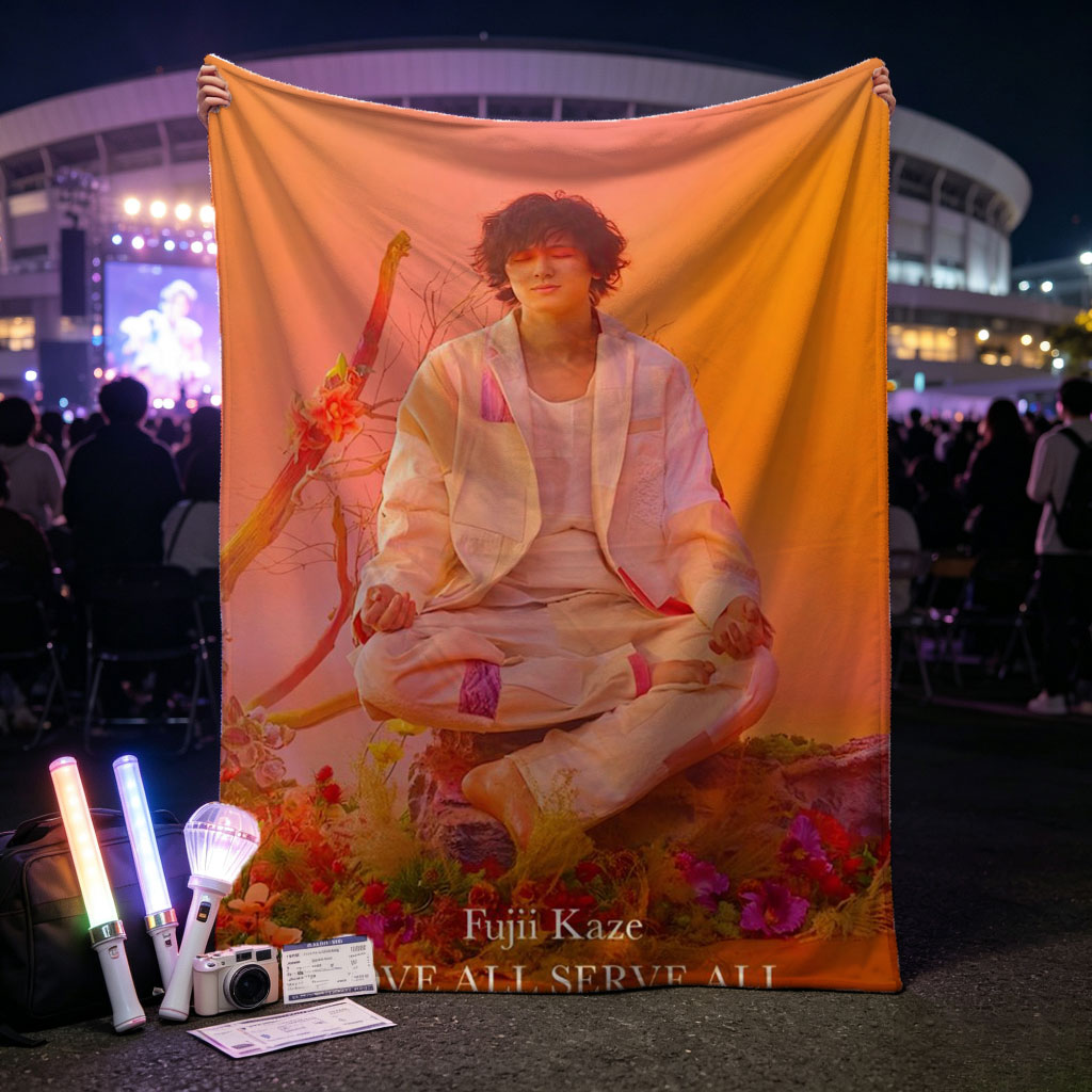 Fujii Kaze Meditating in a Vibrant Floral Landscape with Warm Sunset Background - Blankets