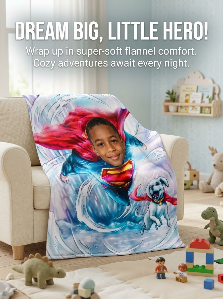 Personalized Face Photo Superhero Blanket Ultra Soft Flannel Throw for Kids Adults Custom Hero Fleece Bed Couch Gift
