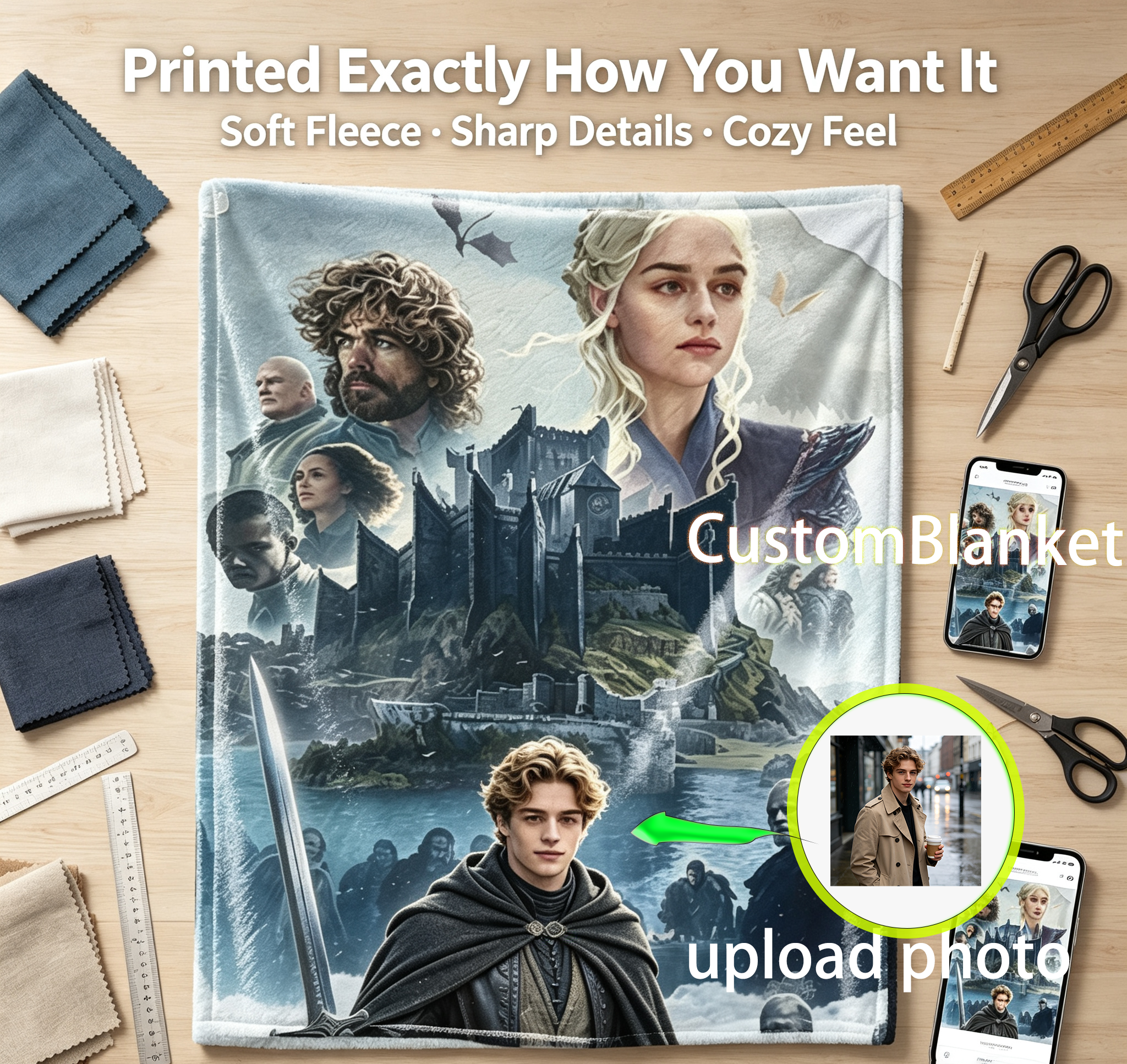 Custom Face Blanket Game of Thrones Character Portrait Flannel Blanket for Couch, Bed, or Travel – Perfect Gift or Giveaway for Fans