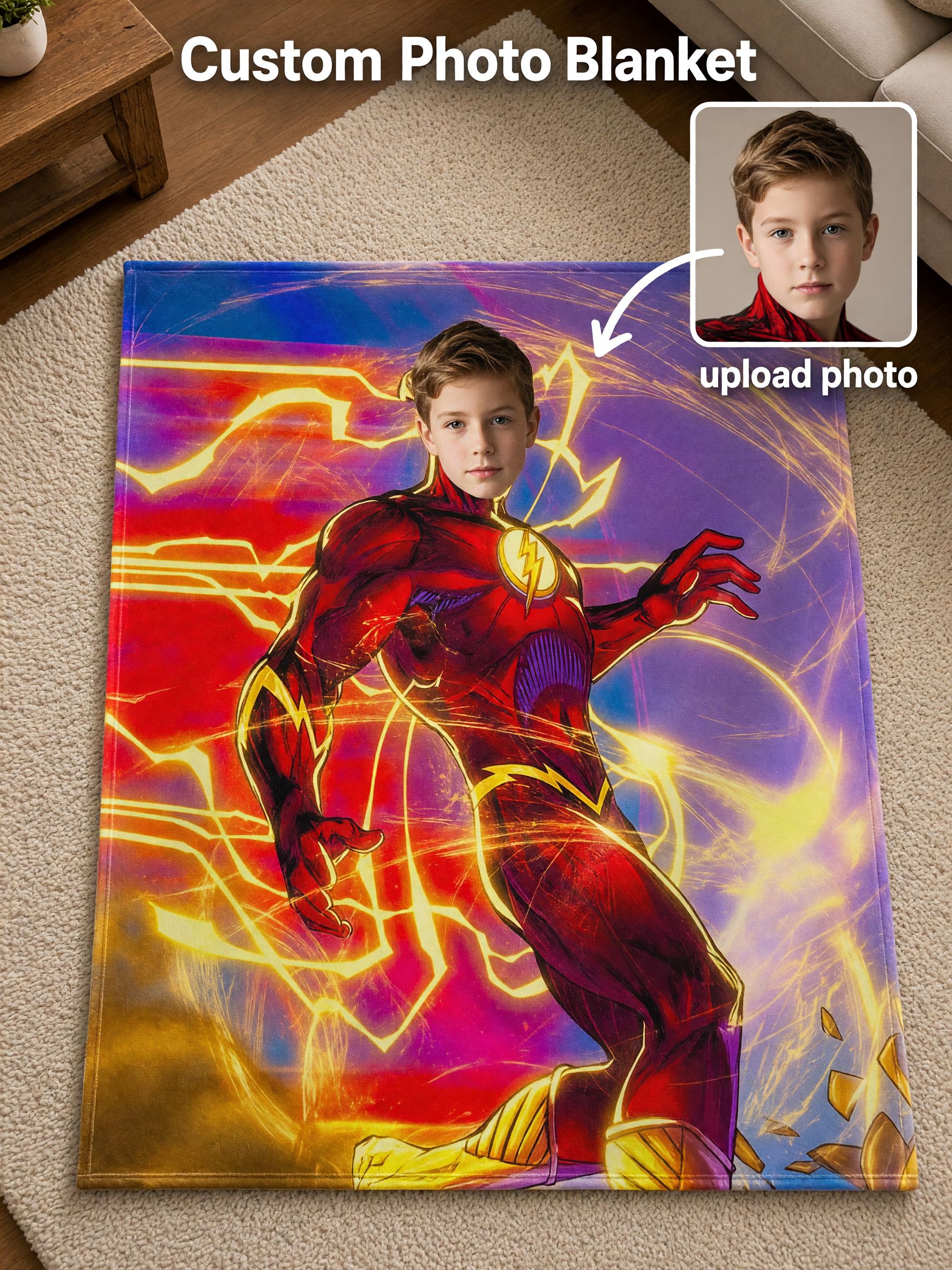 Custom Face Superhero Flannel Blanket, Personalized Photo Soft Plush Throw for Kids, Ideal Cozy Birthday Gift
