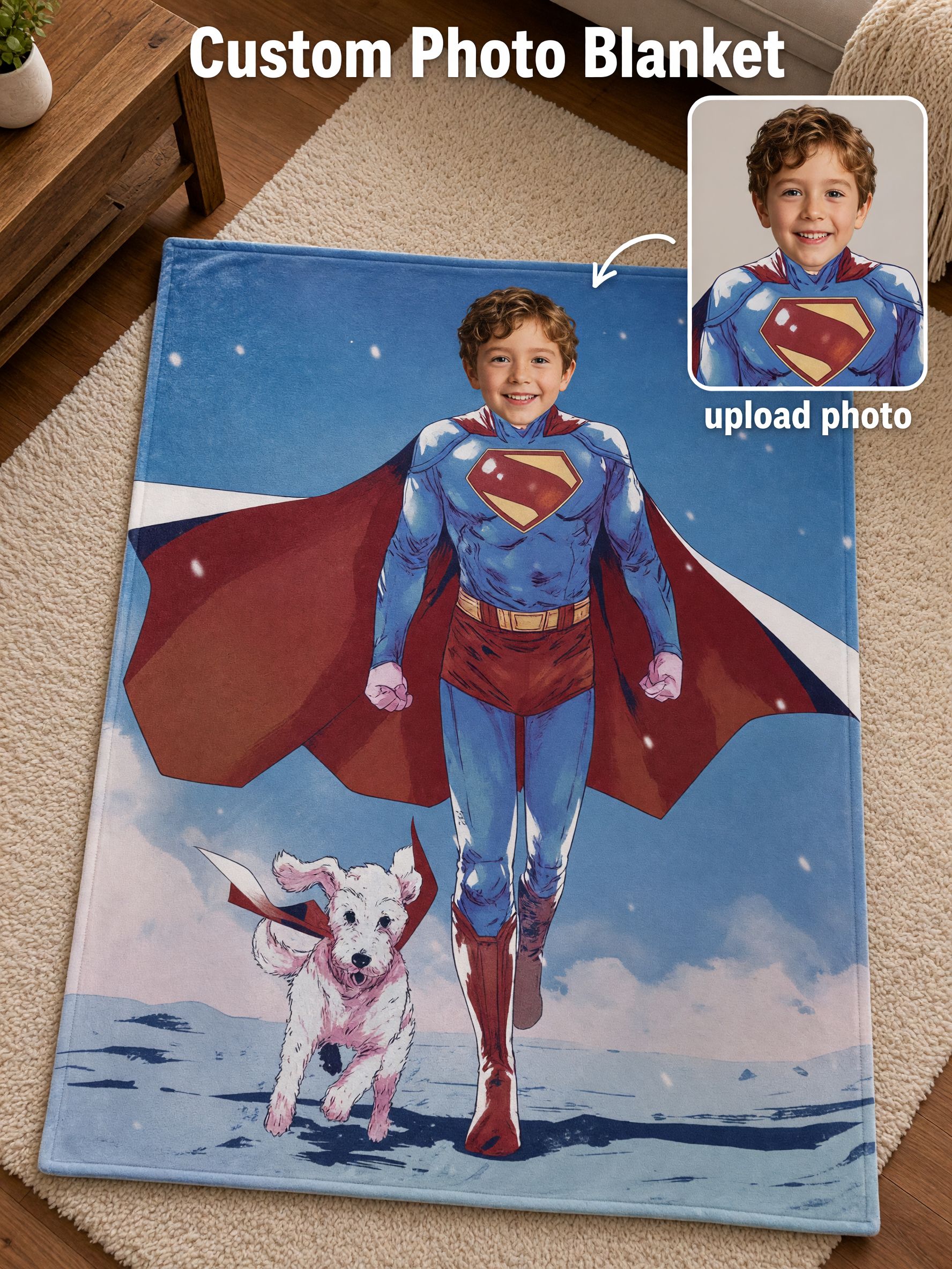 Custom Face Superhero Flannel Fleece Blanket, Personalized Photo Throw for Kids, Ultra Soft Anti-Pilling Cozy Bed Gift