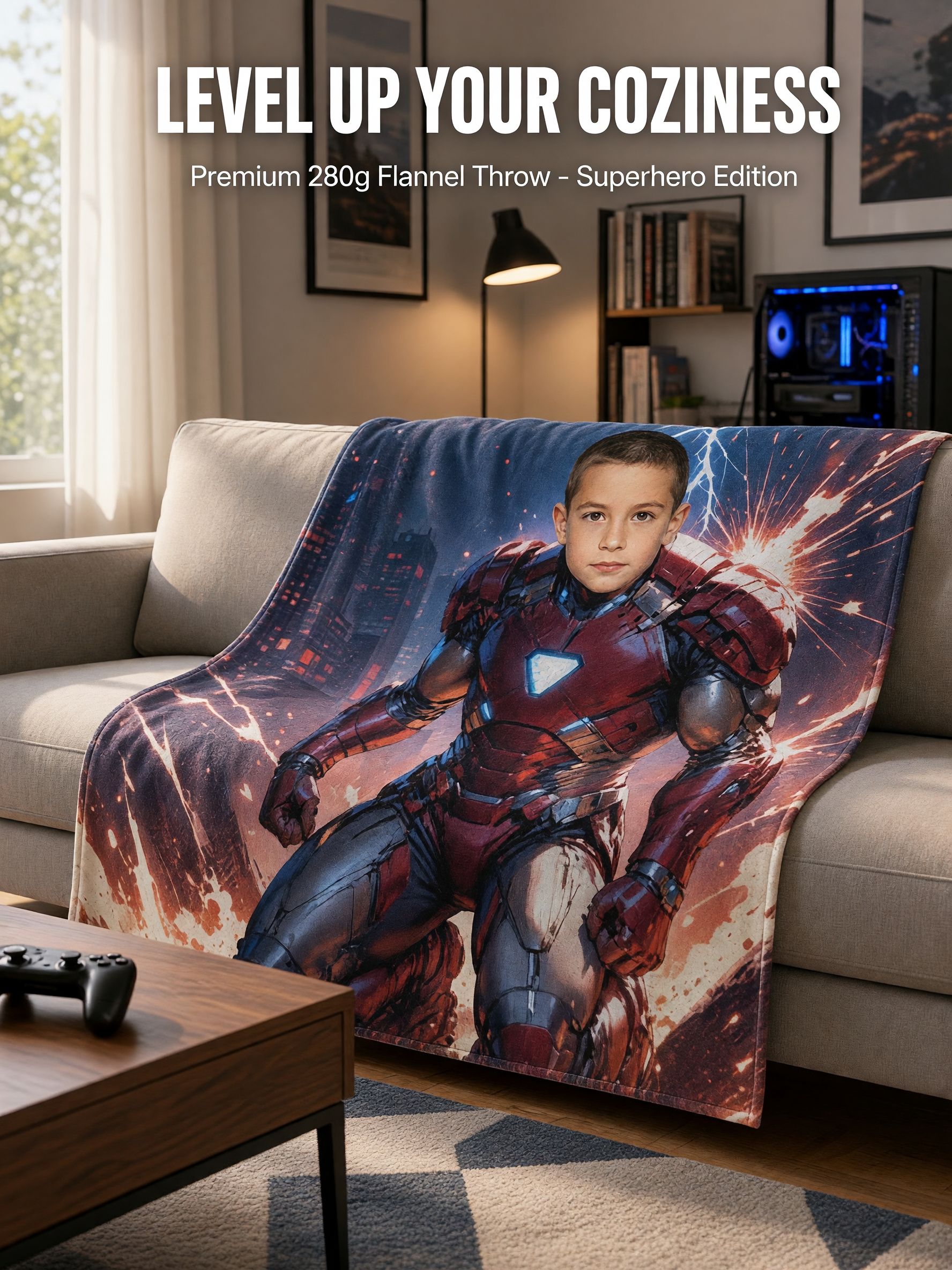 Custom Photo Face Superhero Flannel Throw Blanket Personalized Picture Armored Hero Fleece Bed Couch Cover Warm