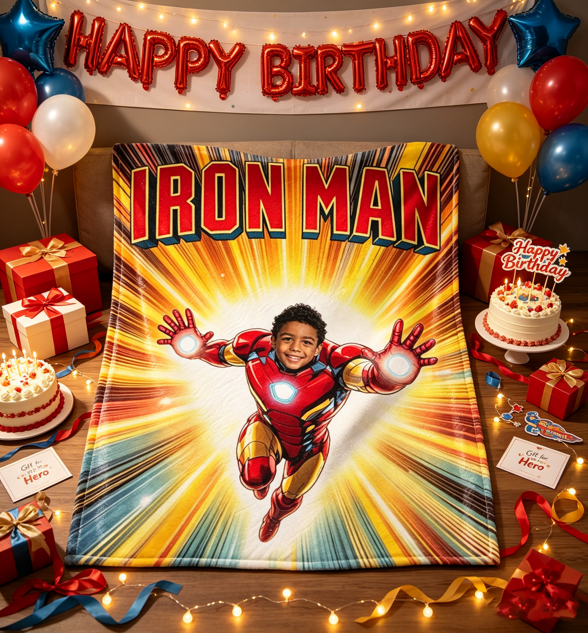 Personalized Custom Face Iron Man Blanket, Upload Photo Superhero Fleece Throw Blanket, Birthday Holiday Gift for Boys Kids