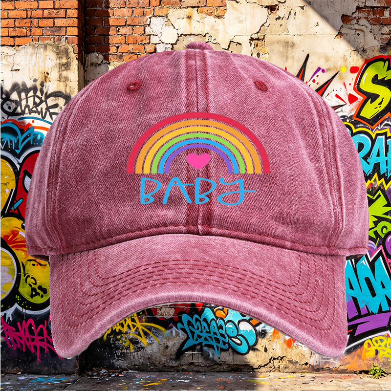 Unisex Classic Washed Cap with Rainbow Heart Baby Print | Casual Streetwear Hat for Adults and Teens | Perfect for Daily Wear, Outdoor Activities, and Fashion Statements