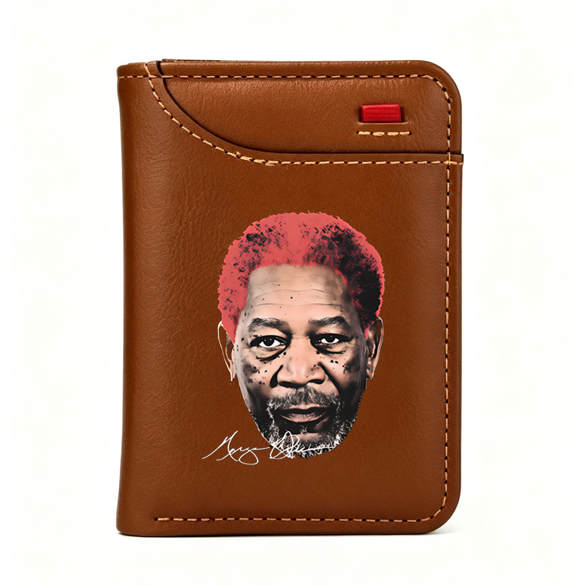 Morgan Freeman Portrait with Red Hair and Signature - Vertical Style Wallet