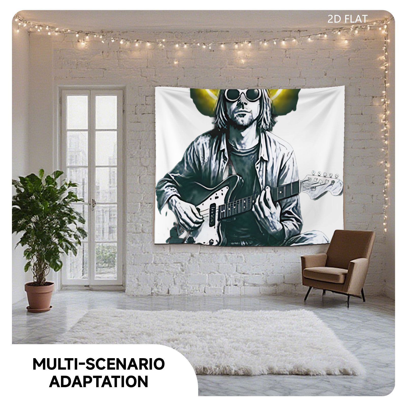 Kurt Cobain Playing Guitar with Neon Smile Halo - Tapestry